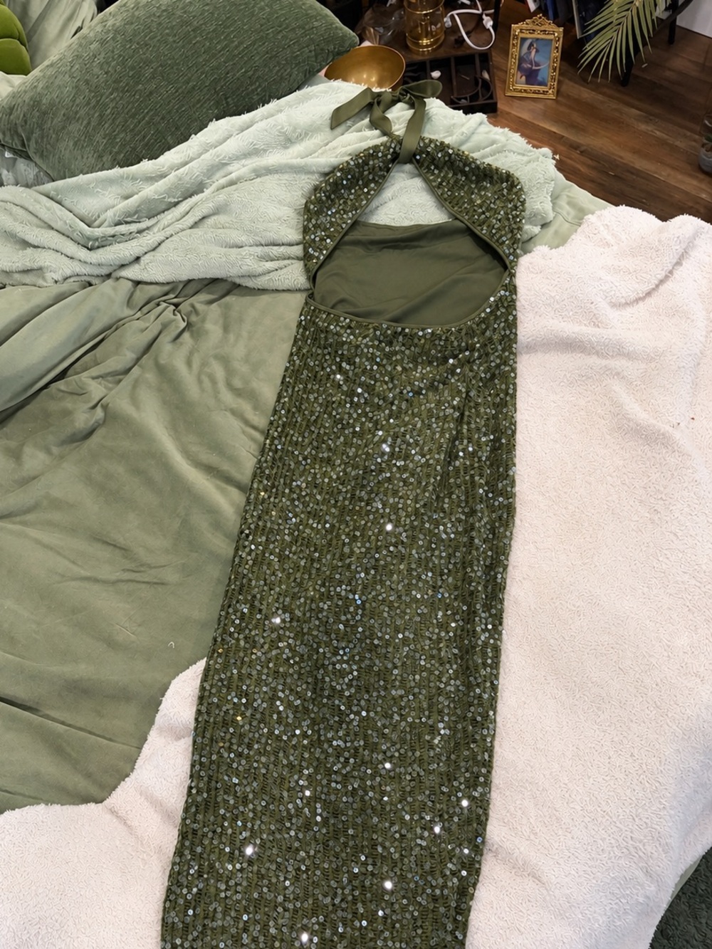 Olive green sequin cutout maxi dress